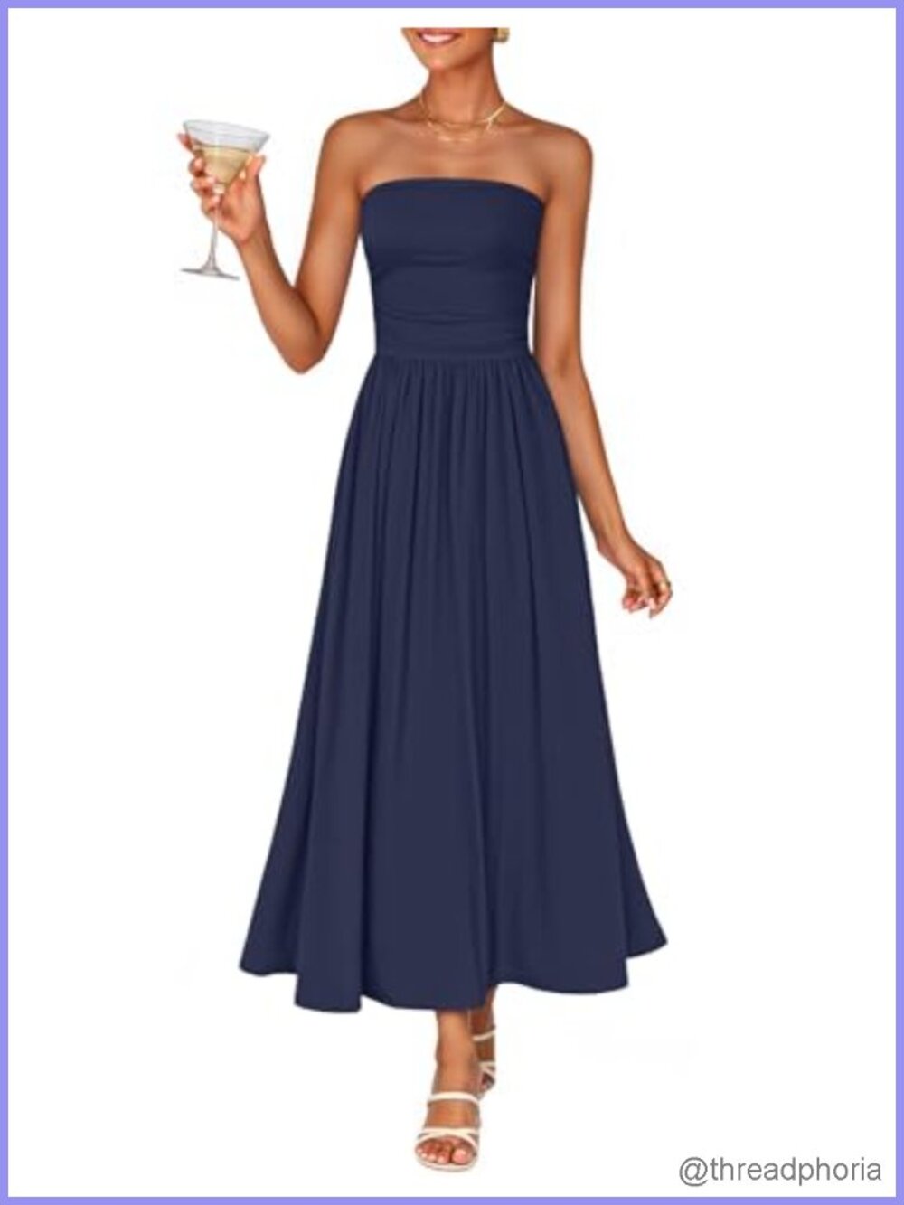 Strapless Ruched Midi Sundress Flowy Wedding Guest